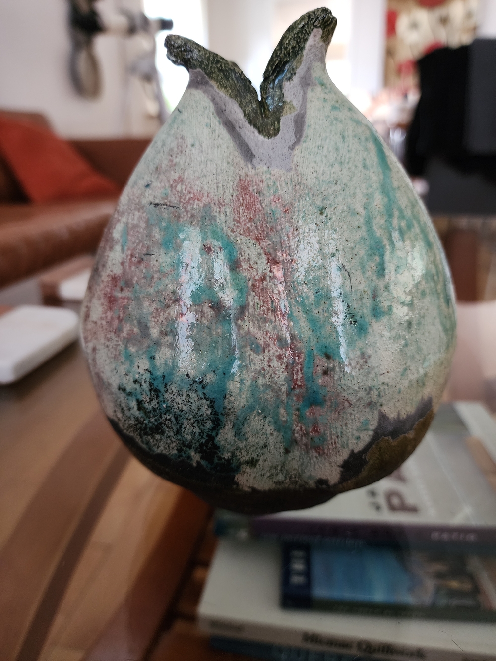 MCM Studio Pottery Pomegranate Vase Vintage Light Blue Drip Glaze 6"